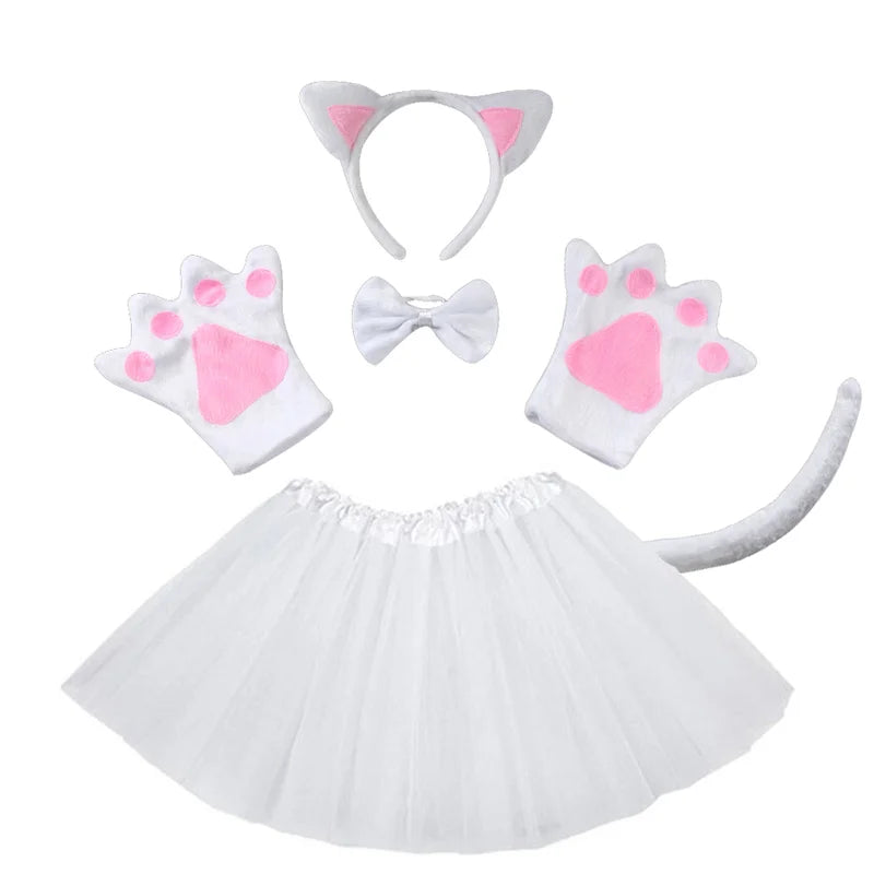 Black Cat White Cat Ear Headband Tutu Skirt Tail Gloves Set School Animal Dress Halloween Carnival Birthday Gift Cosplay Costume