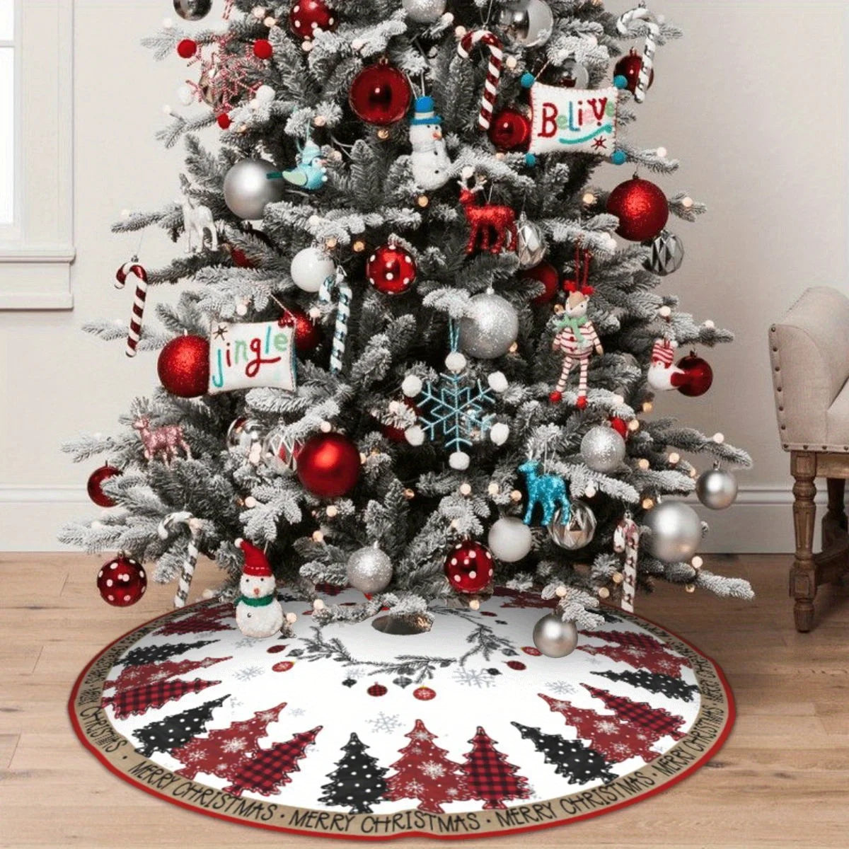 VIKAMA Vintage American Style Contrast Color Christmas Tree Skirt Red And Black Tartan Polka Dot Christmas Tree Pattern Skirt