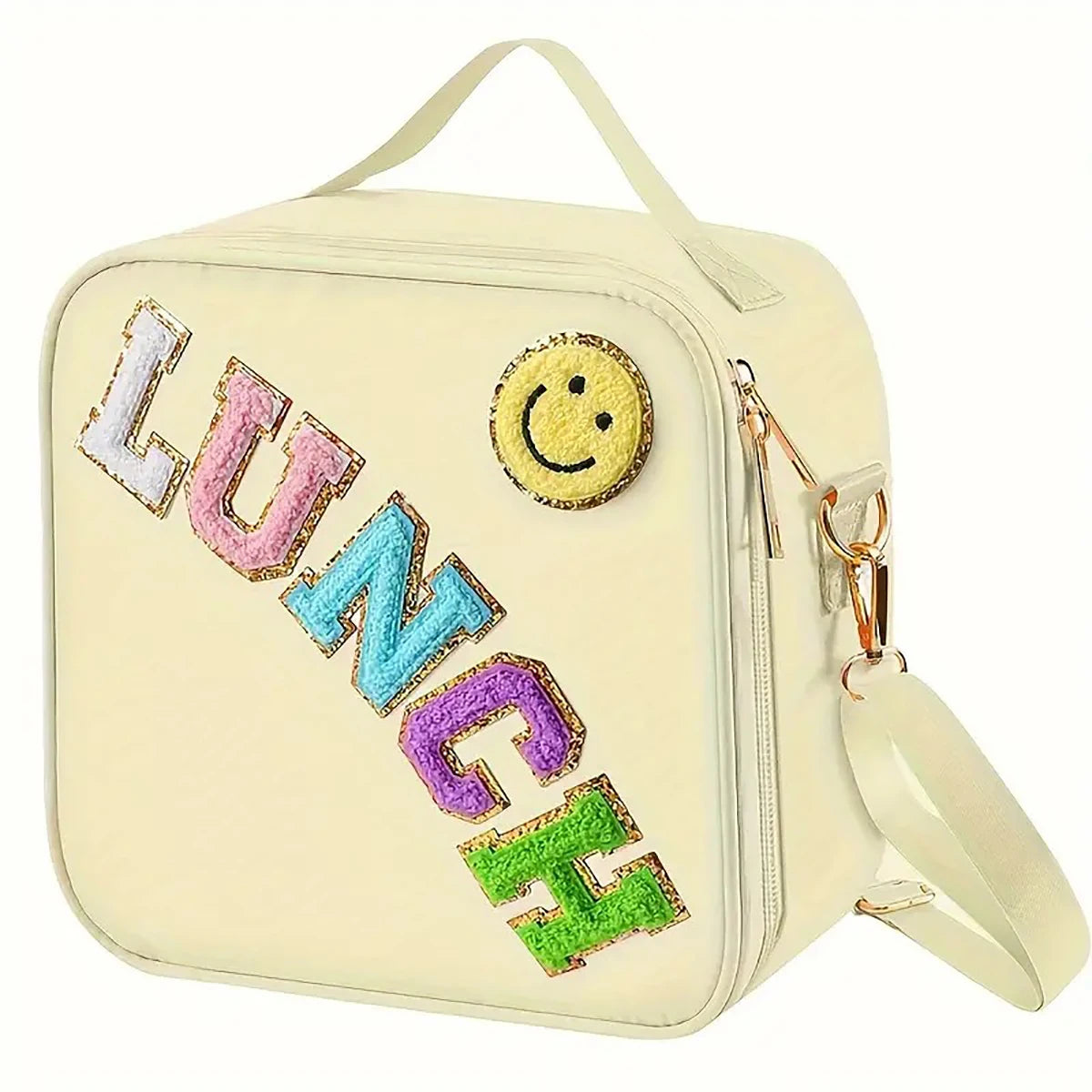 Lunch Bag, Adjustable Strap Insulated Insulated Bag, With Chenille Letter Patch Decor, For School Travel Picnic