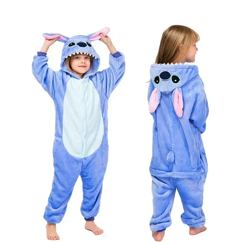 Stitch Pajamas Cartoon Winter Warm Cosplay Stitch Plush Pajamas Home Clothes Set Boys Girls Birthday Christmas Gifts