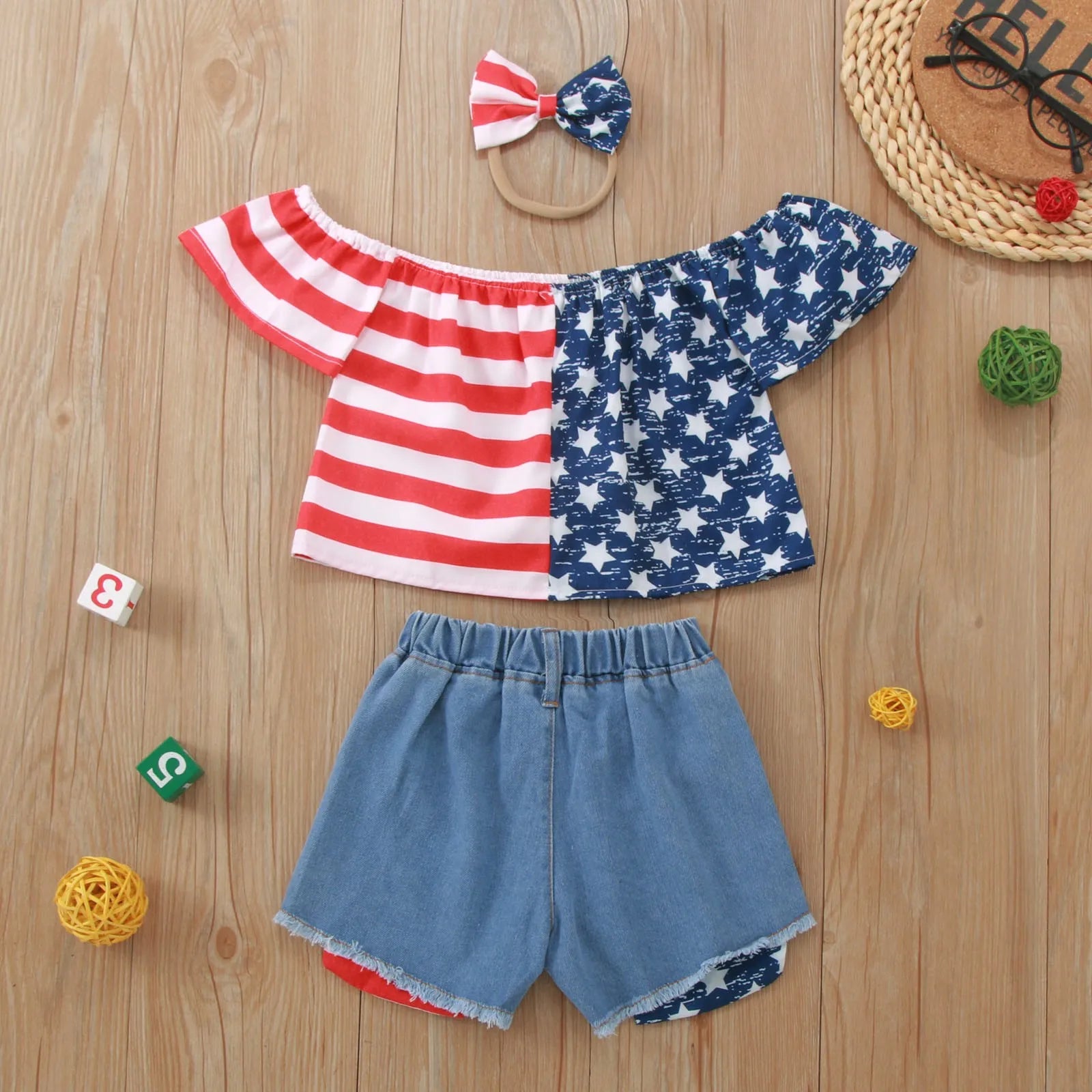 Kids Clothes Girls Summer 3Pcs Outfit Off-shoulder T-shirt with Patchwork Denim Shorts Headband 4th of July Clothing for 1-5Y