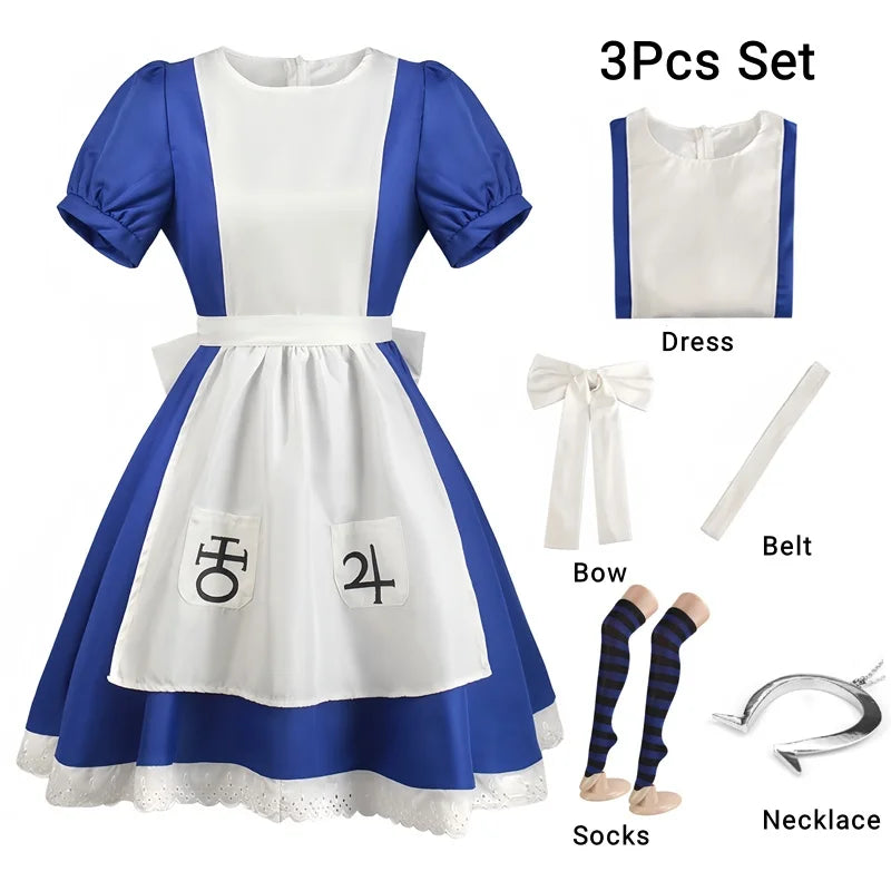 (NO Stain) Alice Madness Returns Cosplay Halloween Costume And Maid Apron Dress and Socks Women Anime Girl Women Carnival Party Dress Up