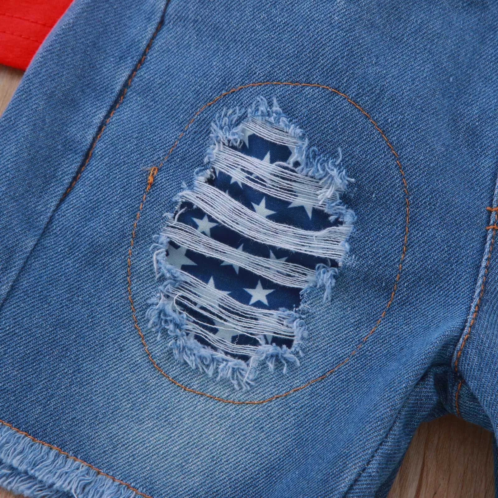 1-5Y Baby Boys Summer Outfits Letter Print Short Sleeve T-shirt and Ripped Denim Shorts Sets for 4th of July Boys Kids Clothes