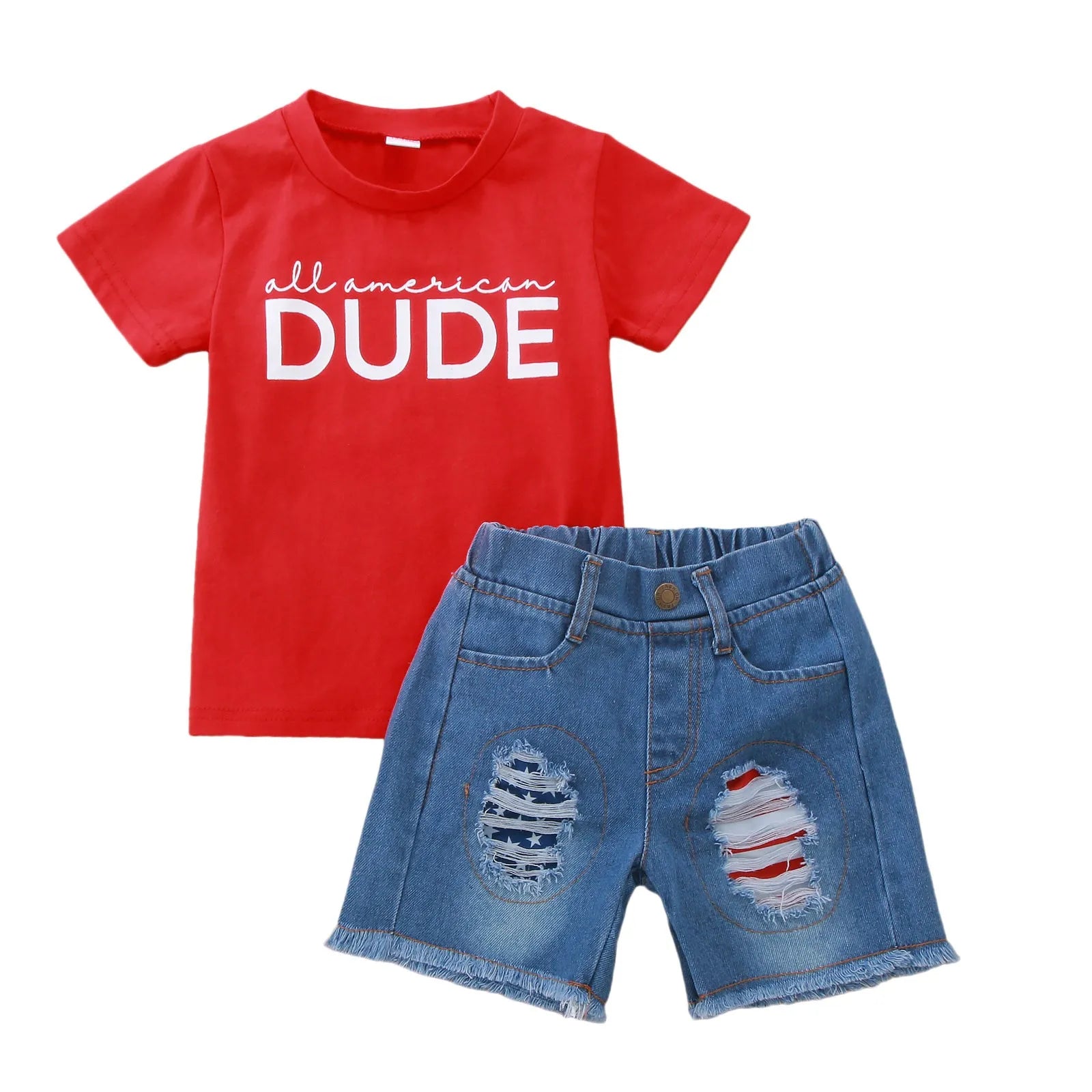 1-5Y Baby Boys Summer Outfits Letter Print Short Sleeve T-shirt and Ripped Denim Shorts Sets for 4th of July Boys Kids Clothes