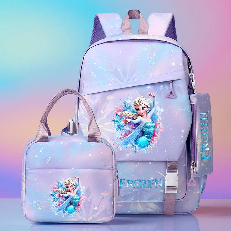 3 PC Frozen School Backpack Set with Mini Bag, Pastel Blue/Lavender Snowflake Design Adjustable Strap School bag for kids