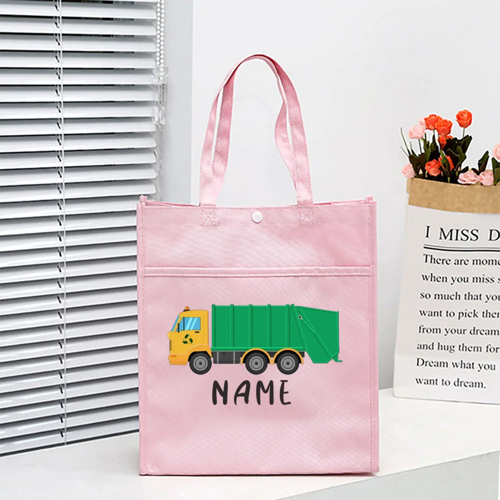 Personalized Kids Library Tote Bag Homeschool Fire Truck with Name Reading Book Bags Children School Bag Birthday Gift for Child