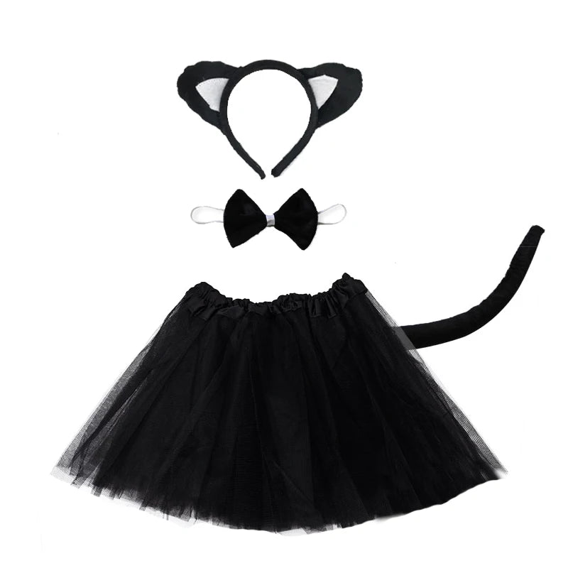Black Cat White Cat Ear Headband Tutu Skirt Tail Gloves Set School Animal Dress Halloween Carnival Birthday Gift Cosplay Costume