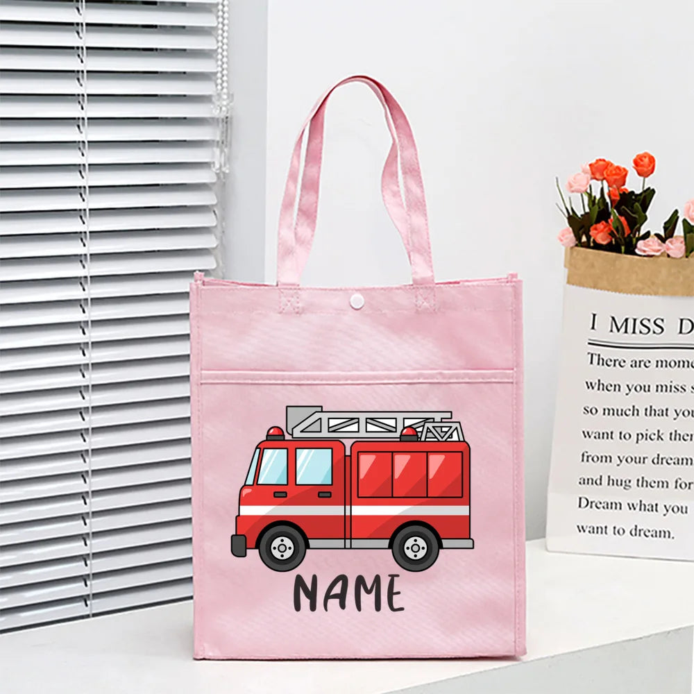Personalized Kids Library Tote Bag Homeschool Fire Truck with Name Reading Book Bags Children School Bag Birthday Gift for Child