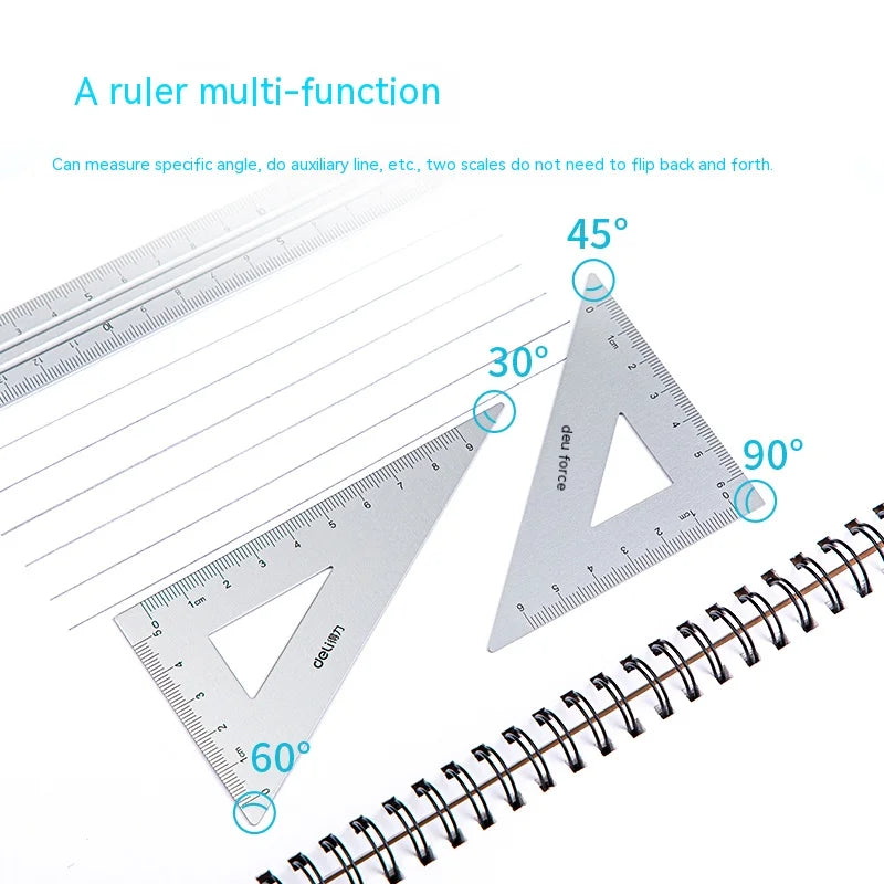 Deli Student Stationery Set,Triangle Ruler,Straight Ruler,Grid Ruler,Angle Measuring Tool,Aluminum Alloy Material（4Pcs/Set）