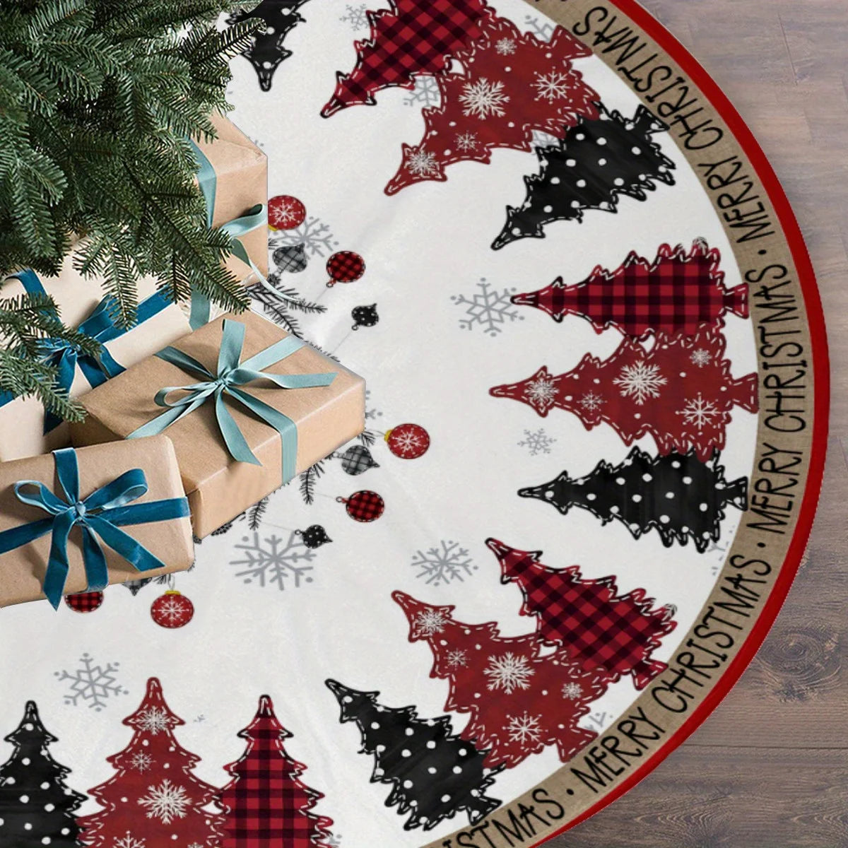 VIKAMA Vintage American Style Contrast Color Christmas Tree Skirt Red And Black Tartan Polka Dot Christmas Tree Pattern Skirt