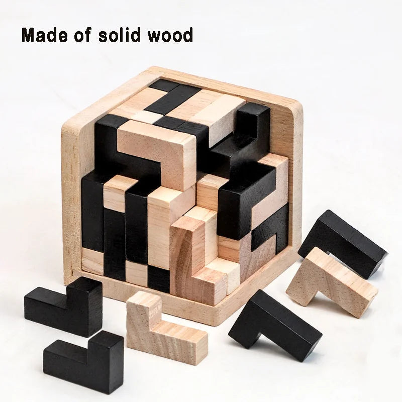 3D Cube Puzzle Interlocking - Creative Educational Wooden Toy - Brain Building Early Learning Game