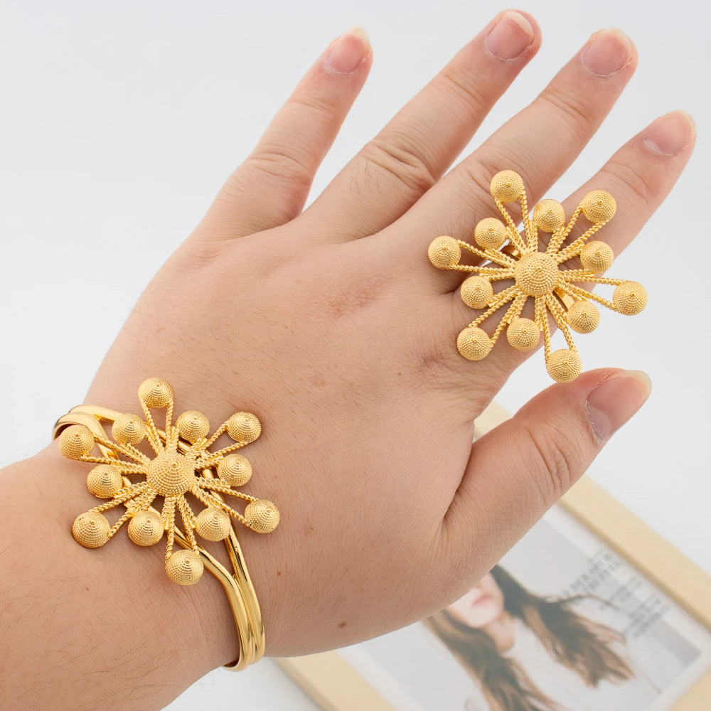 Ethiopian Gold Color Jewelry Set for Women Earrings and Pendant Necklace Bangle Ring Set for Party Engagement Jewelry Dubai