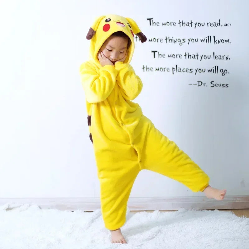 Pokémon Pikachu Warm Flannel Home wear Kids Autumn & Winter Soft Cosplay Animal Hoodie Pajamas Parent-Child Sleepwear Gift