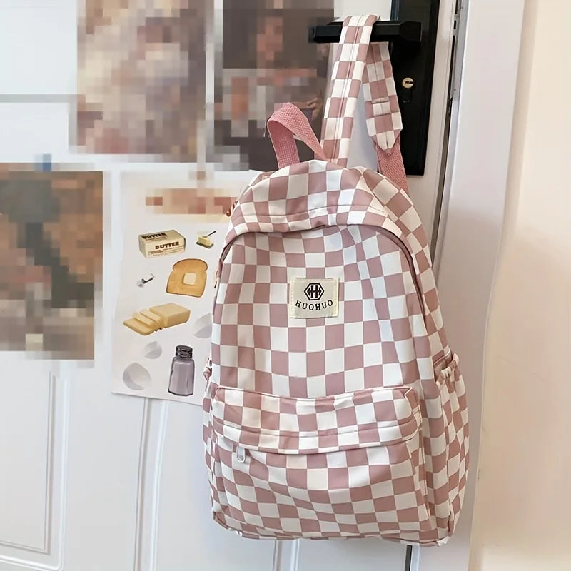 Leisure Backpack Korean Version Checkered Contrasting Color Design, Daily Same Class Backpack, Casual Simple Middle and High Sch