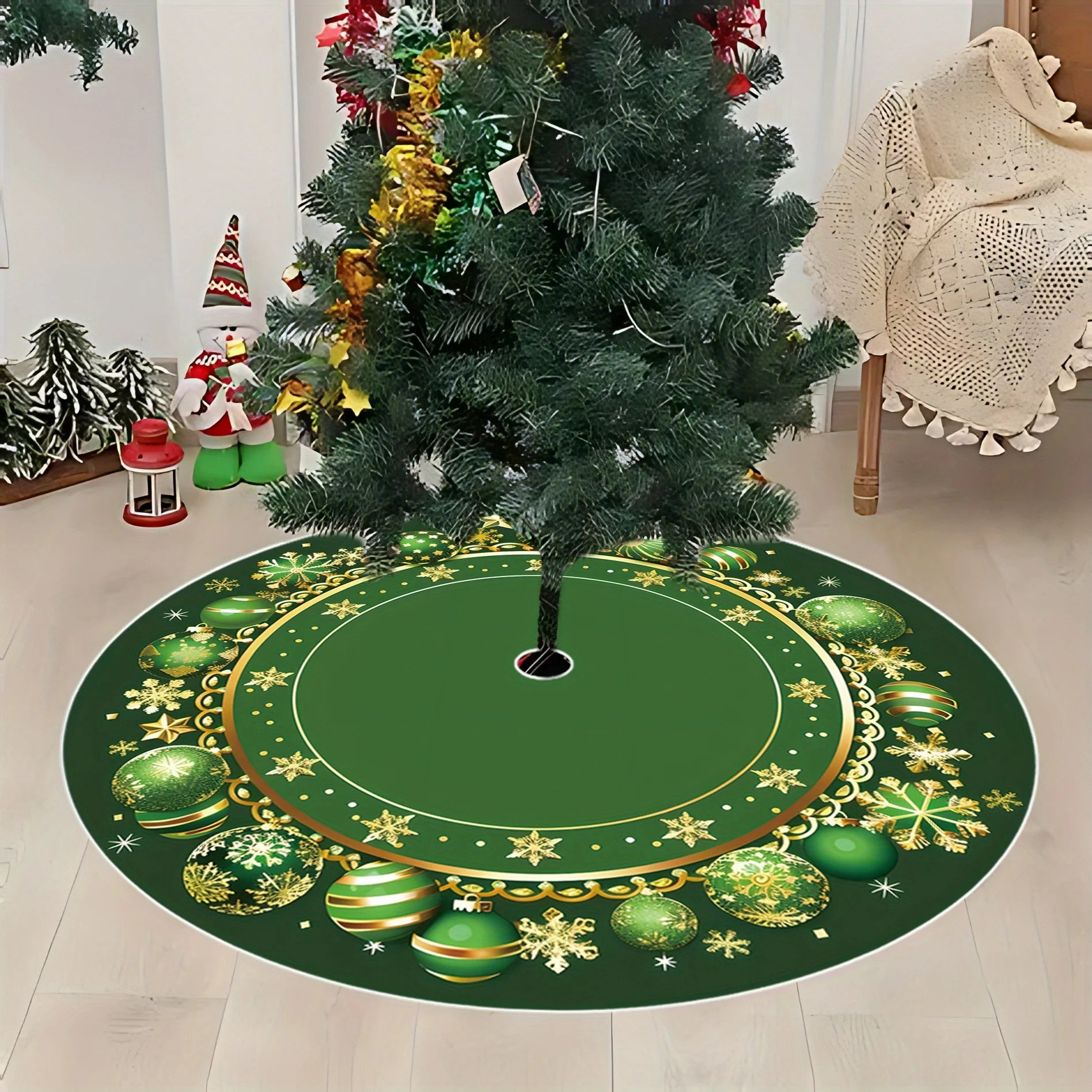 VIKAMA Dark Green Snowflake Colourful Ball Christmas Tree Skirt Vintage Style Christmas Tree Skirt Cushion Christmas Decoration