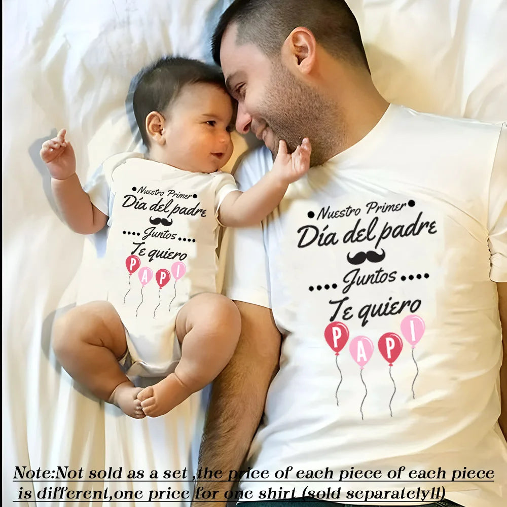 Our First Father's Day Together - Spanish text - Family Outfit Fathers Day Family Matching Outfits Daddy Tshirt+ Baby Romper Festival  Best Gifts
