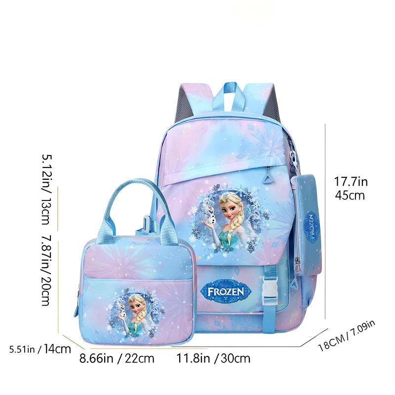 3 PC Frozen School Backpack Set with Mini Bag, Pastel Blue/Lavender Snowflake Design Adjustable Strap School bag for kids
