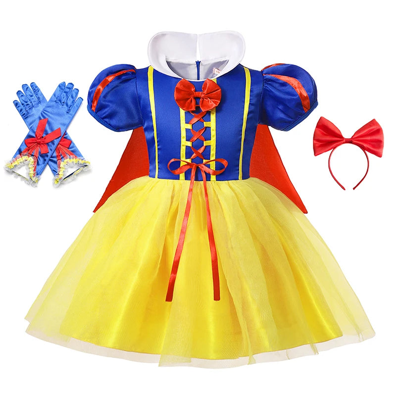 Snow White Princess Dress Kids Girl Costume With Cape Headwear Halloween Carnival - Birthday Party Cosplay Children Clothes