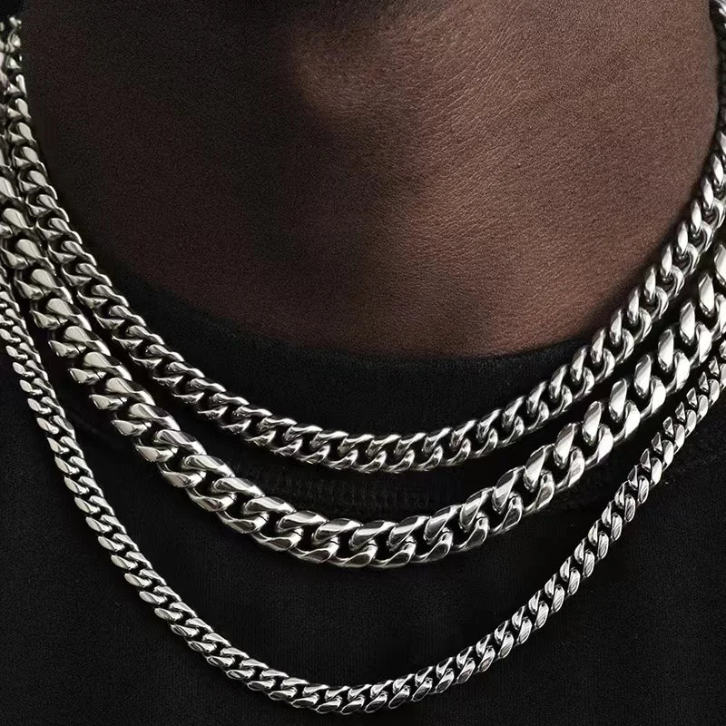 Stainless Steel 3,5,7mm Curb Cuban Necklaces For Men Women Black Gold Color Link Chain Chokers Solid Metal Jewelry