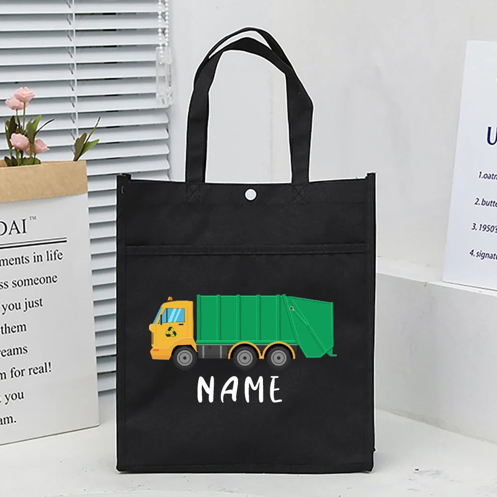 Personalized Kids Library Tote Bag Homeschool Fire Truck with Name Reading Book Bags Children School Bag Birthday Gift for Child