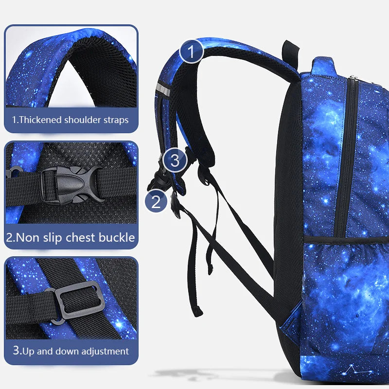 Teen Kid Backpack Starry Sky Print Boy Girl Children's Shoulder Bag Waterproof School Bag Sport Travel Backpack Multiple Pockets