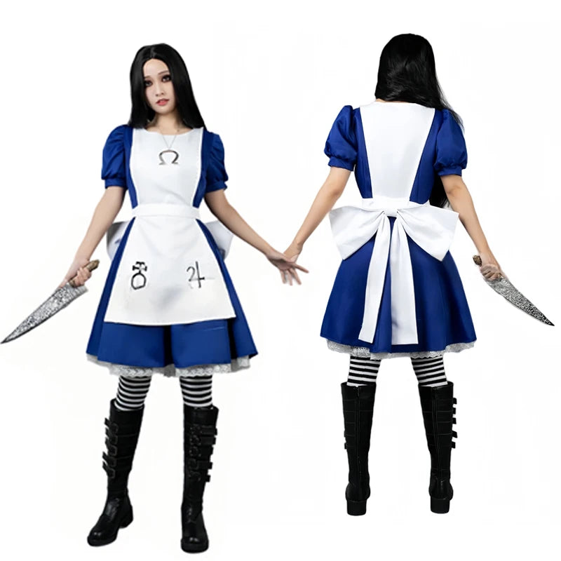 (NO Stain) Alice Madness Returns Cosplay Halloween Costume And Maid Apron Dress and Socks Women Anime Girl Women Carnival Party Dress Up