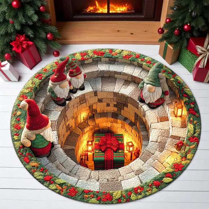 Christmas Presents Optical Round Rug 3D Round Holiday Fireplace Area Gift Box Tunnel Carpet Xmas Floor Decor Box Xmas Rug Mat