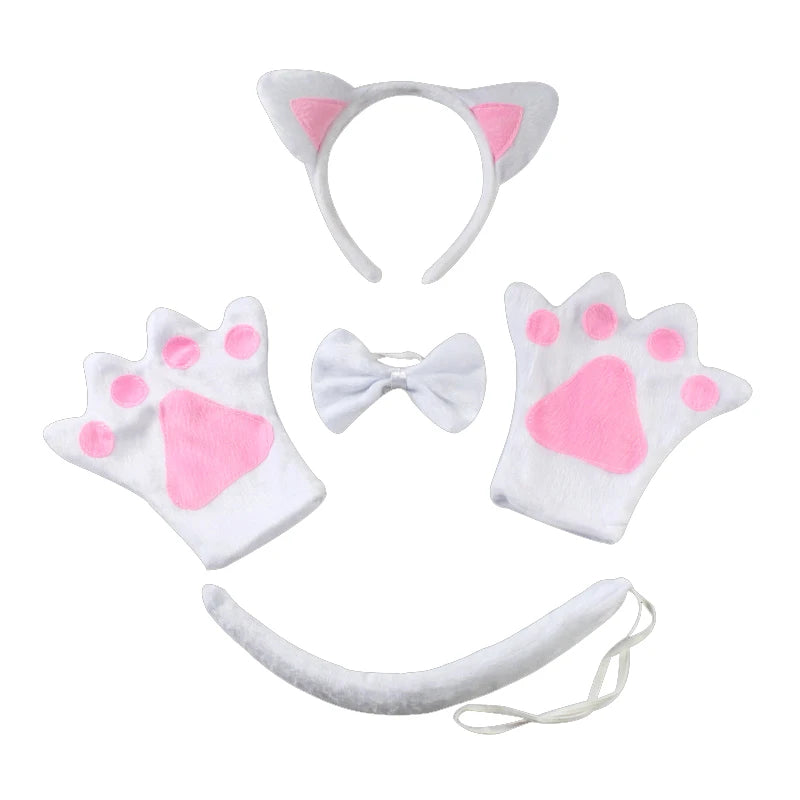 Black Cat White Cat Ear Headband Tutu Skirt Tail Gloves Set School Animal Dress Halloween Carnival Birthday Gift Cosplay Costume