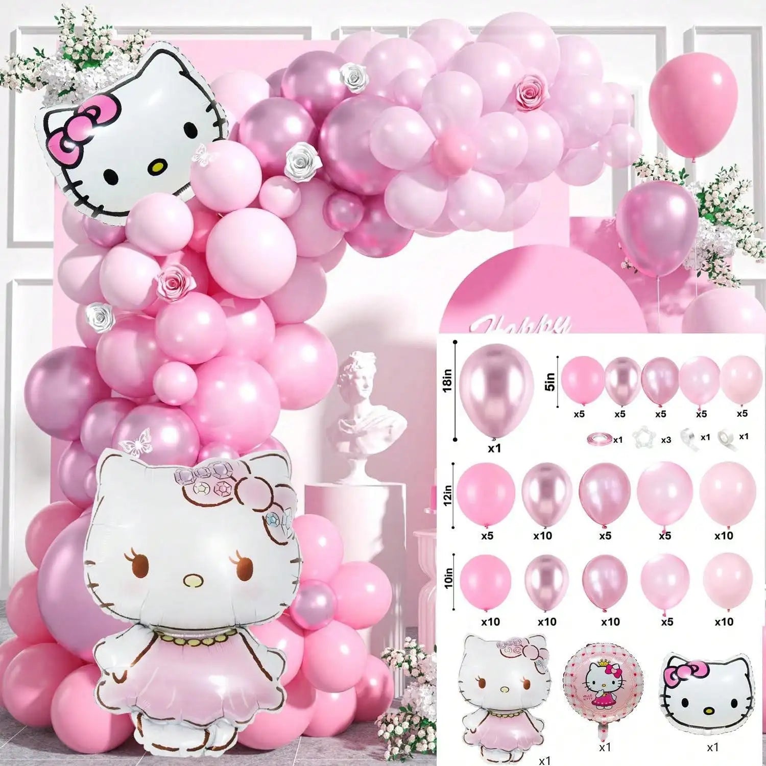115Pcs Pink Hello Kitty Theme Birthday Party Decoration Latex Aluminum Film Balloon Family Birthday Party Decoration Balloon Campus Party Decoration