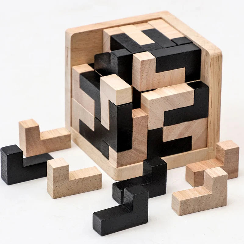 3D Cube Puzzle Interlocking - Creative Educational Wooden Toy - Brain Building Early Learning Game