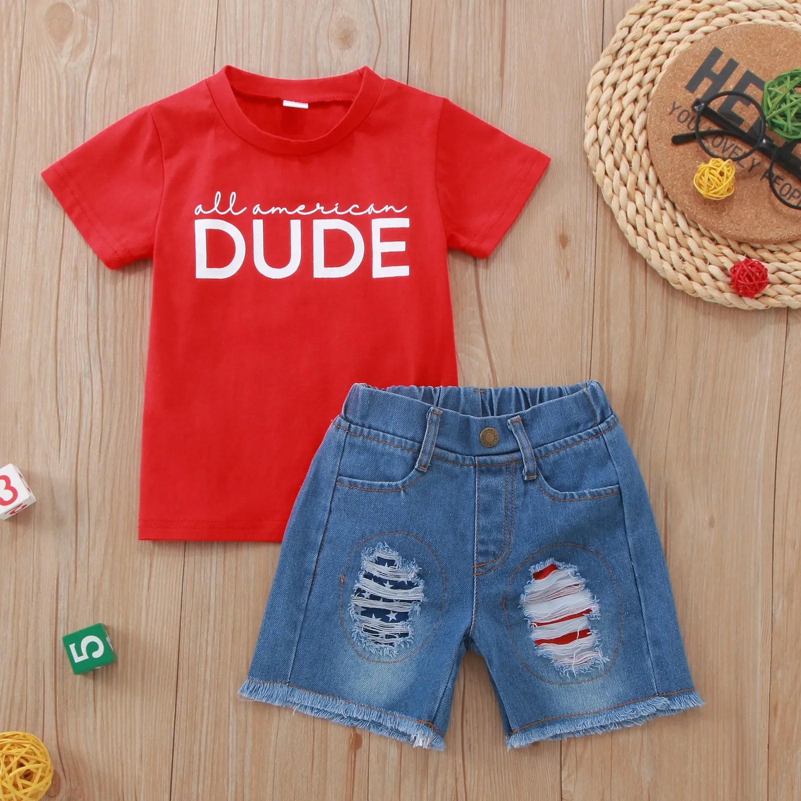 1-5Y Baby Boys Summer Outfits Letter Print Short Sleeve T-shirt and Ripped Denim Shorts Sets for 4th of July Boys Kids Clothes