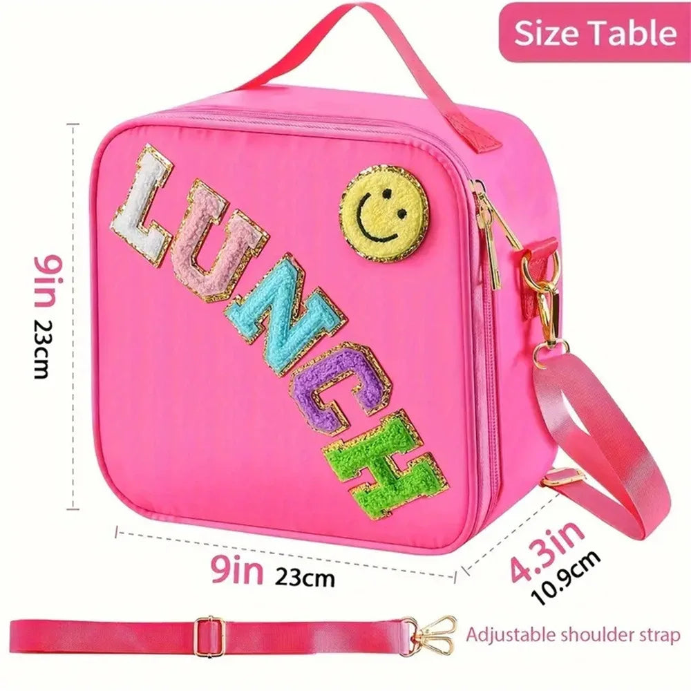 Lunch Bag, Adjustable Strap Insulated Insulated Bag, With Chenille Letter Patch Decor, For School Travel Picnic