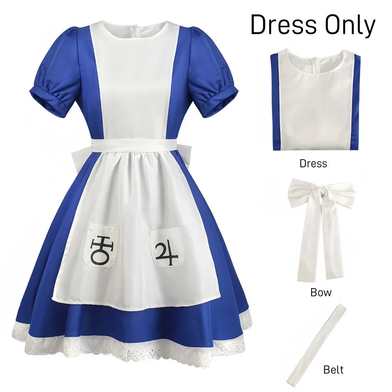 (NO Stain) Alice Madness Returns Cosplay Halloween Costume And Maid Apron Dress and Socks Women Anime Girl Women Carnival Party Dress Up
