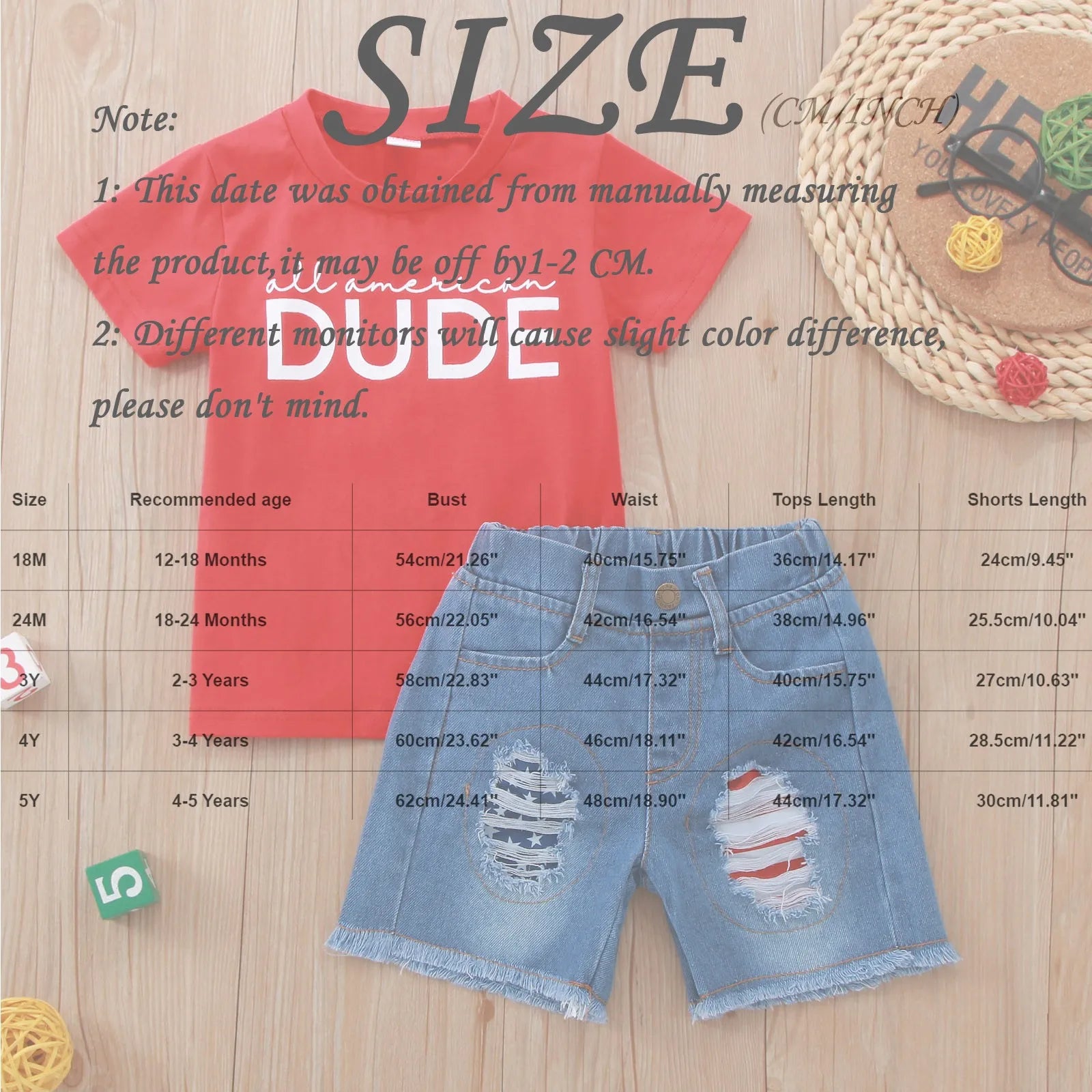 1-5Y Baby Boys Summer Outfits Letter Print Short Sleeve T-shirt and Ripped Denim Shorts Sets for 4th of July Boys Kids Clothes