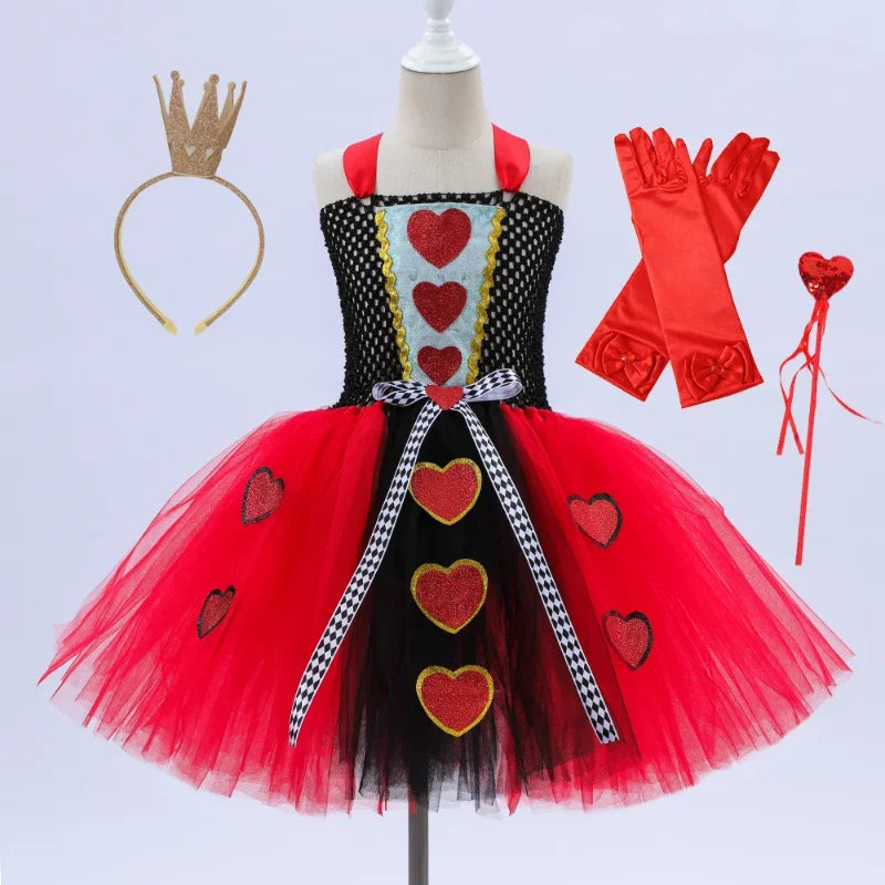 Girls Queen of Hearts Costume Kids Halloween D, Valentine's dress up Fancy Tutu Dress Red Queen Gown