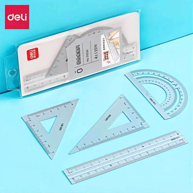 Deli Student Stationery Set,Triangle Ruler,Straight Ruler,Grid Ruler,Angle Measuring Tool,Aluminum Alloy Material（4Pcs/Set）