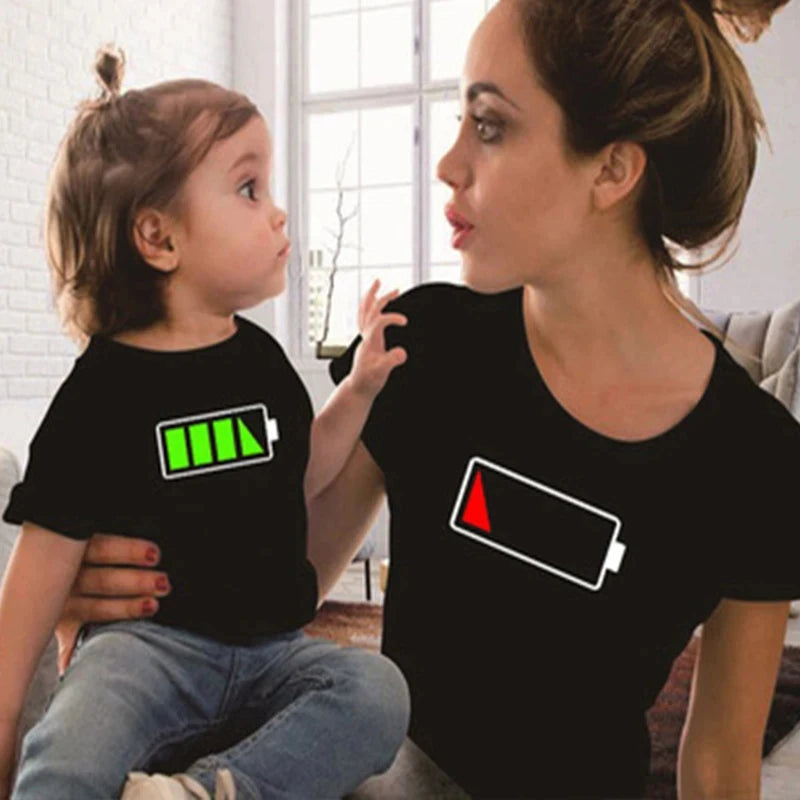 Funny Battery Print Family T Shirt - Daddy Son Family Matching T-shirts