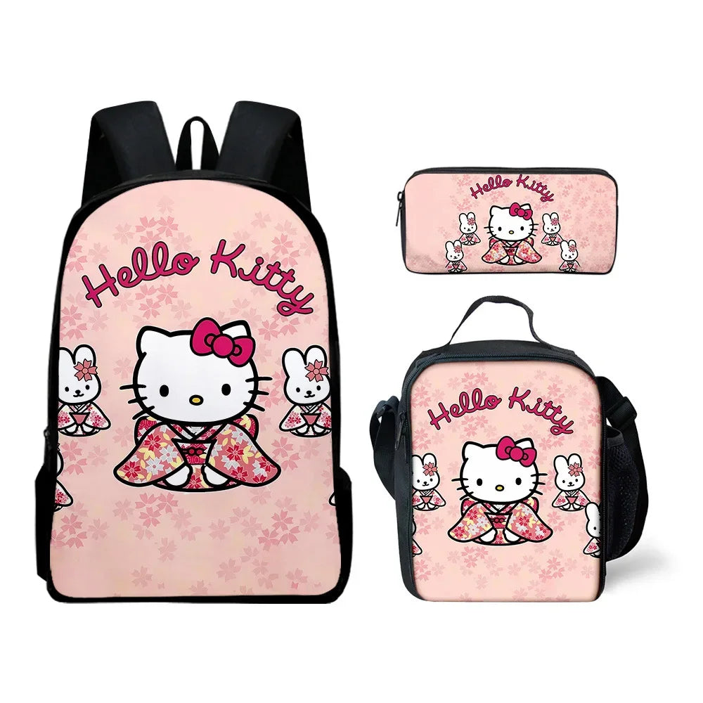 3D HelloKitty Cute Hello Kitty Backpack Lunch Bag Pencil Bag Student School Bag Kawaii Cartoon School Bag Mochila