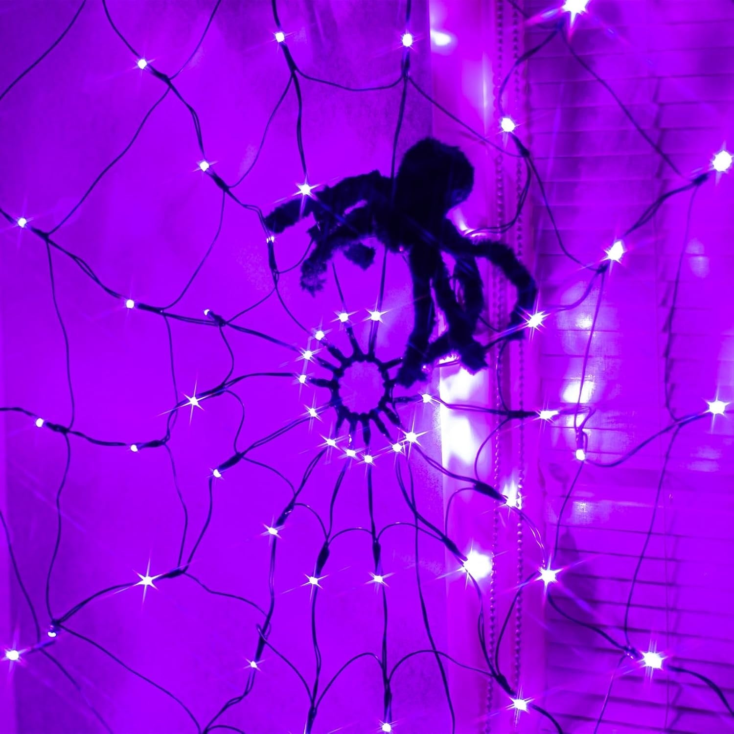 [Halloween Spider Web Light] 70 LEDs Halloween Spider Web Light Decoration, Battery Operated with Polished Metal Finish, 8 Lighting Modes, Novel Lighting Fixtures, Rope Lamps
