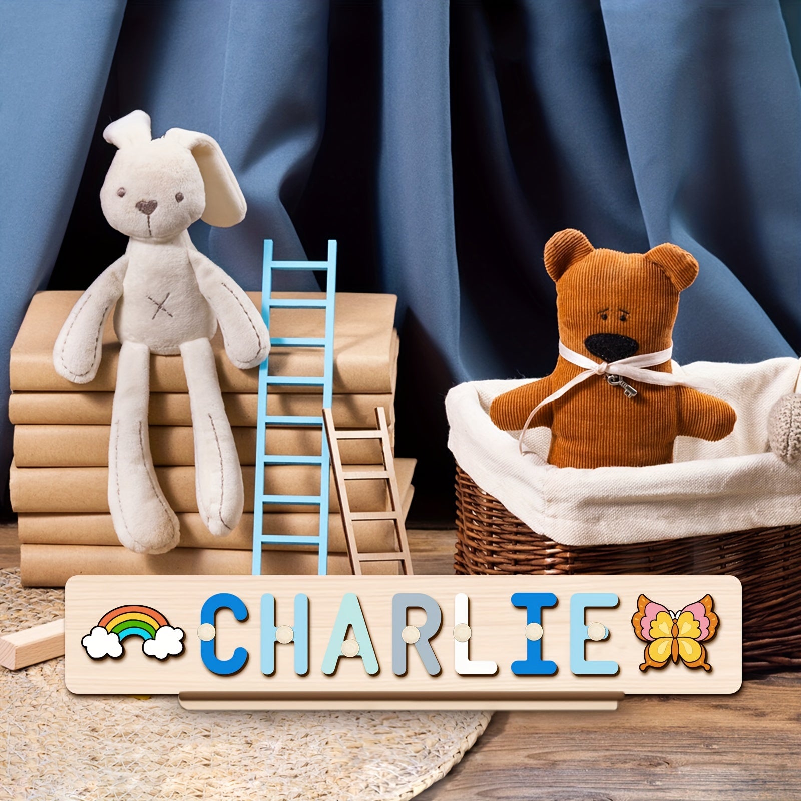 Name Puzzle, Baby-Blue Color Personalized Name Puzzle With 2 Elements, Early Learning Toys, Birthday Gifts, Toys