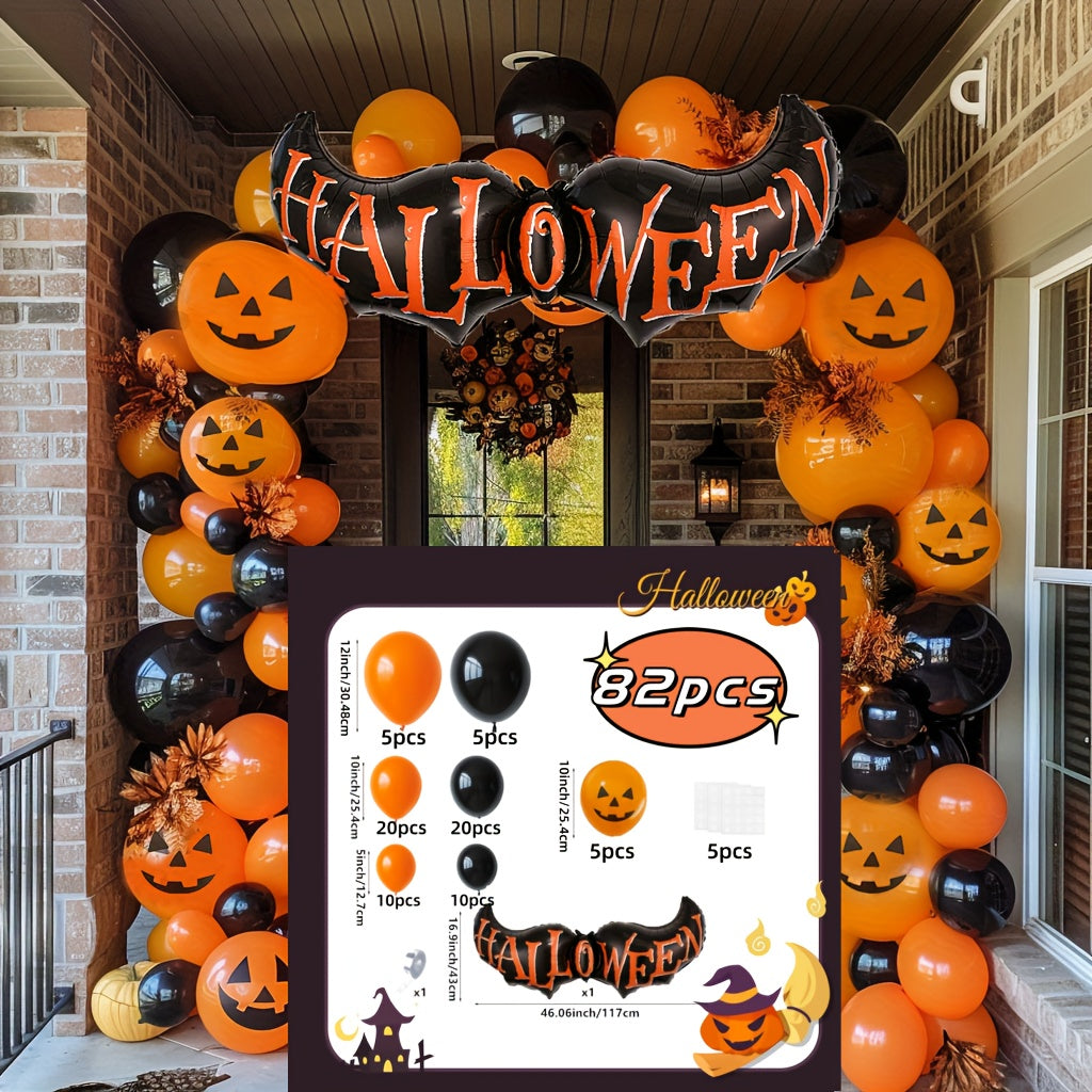 82pcs Black and Orange Latex Balloons 10-inch Pumpkin Printed Balloons Giant Bat Foil Halloween Happy Balloons Halloween Garland Kit Suitable for Halloween Christmas Back-to-School Season Haunted House Trick or Treat Party